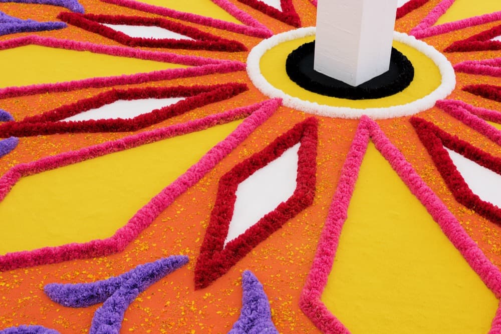 Detail: The Offering (Tapete de Flores), 2016
. Artificial flowers, natural flowers, dyed sawdust, salt, glue
. 8 meters in diameter.