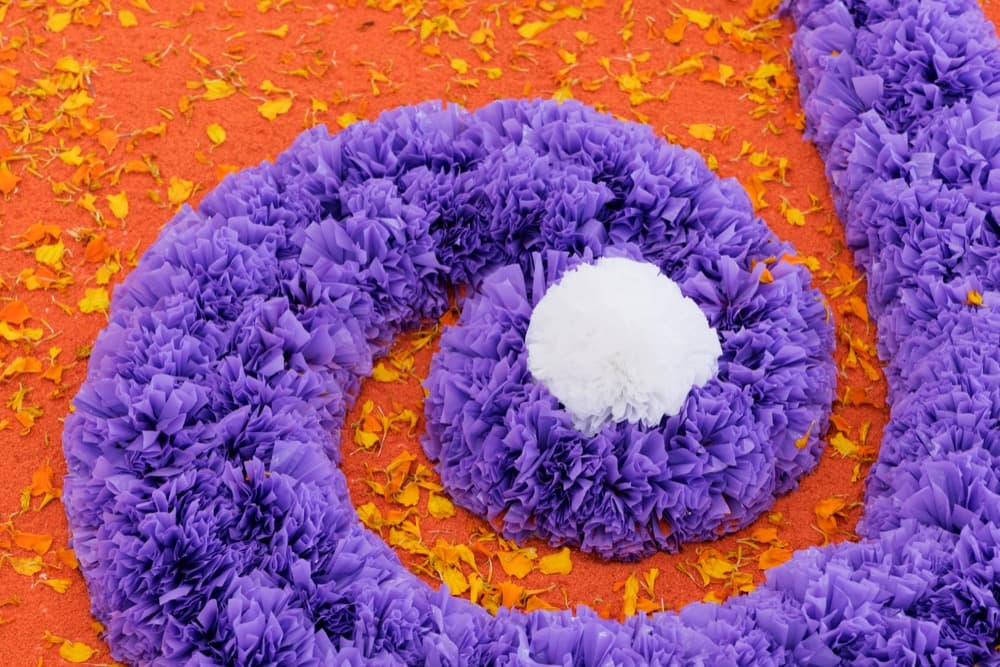 Detail: The Offering (Tapete de Flores), 2016
. Artificial flowers, natural flowers, dyed sawdust, salt, glue
. 8 meters in diameter.