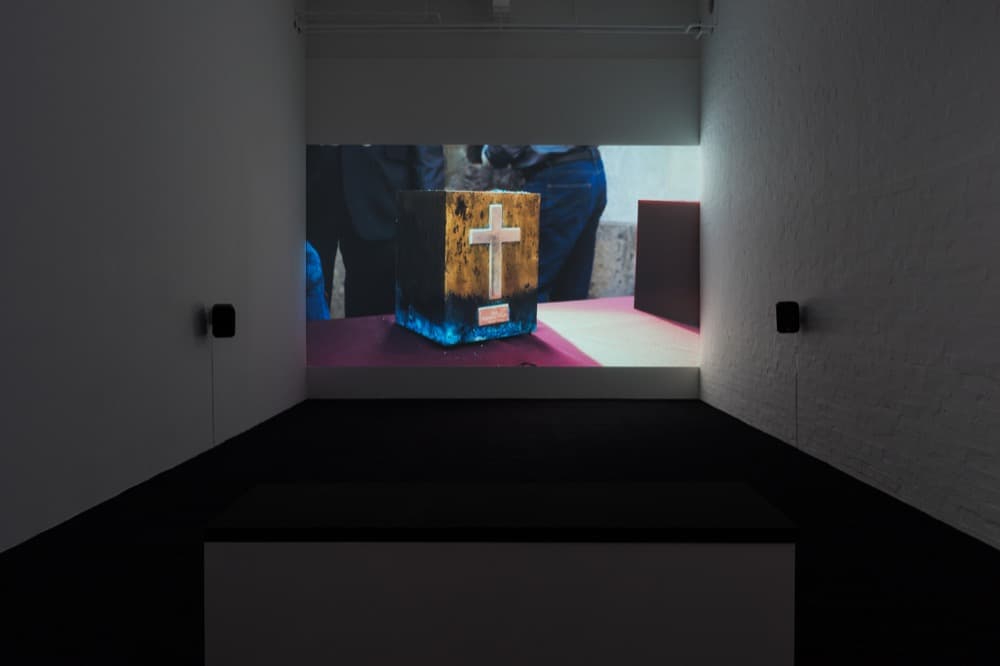 Installation view of The Exhumation, 2016
. HD video,
6’7"
