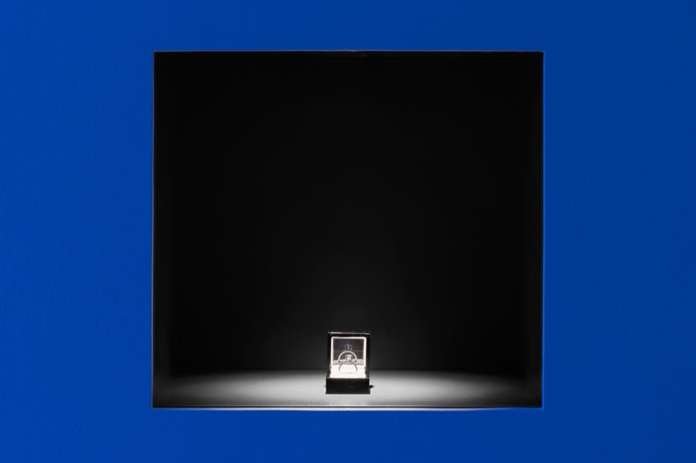 The Proposal, 2016.
2.02 carat, blue, uncut, diamond with the micro-laser inscription "I am wholeheartedly yours," silver ring setting, ring box, related documents.